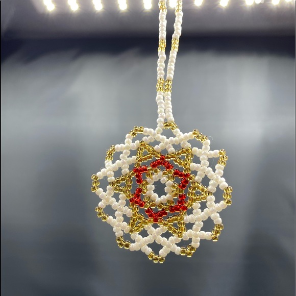 2 Antique Czech Gablonz Beaded Star + Snowflake Christmas Ornament Vtg Norway - Picture 7 of 16